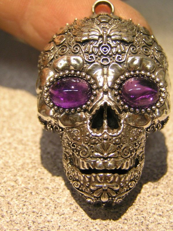 Sugar Skull Pendant with Amethyst Eyes