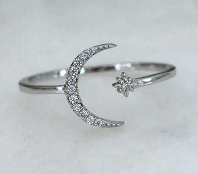 Mahina Moon Ring Sterling Silver Adjustable Platinum Plated