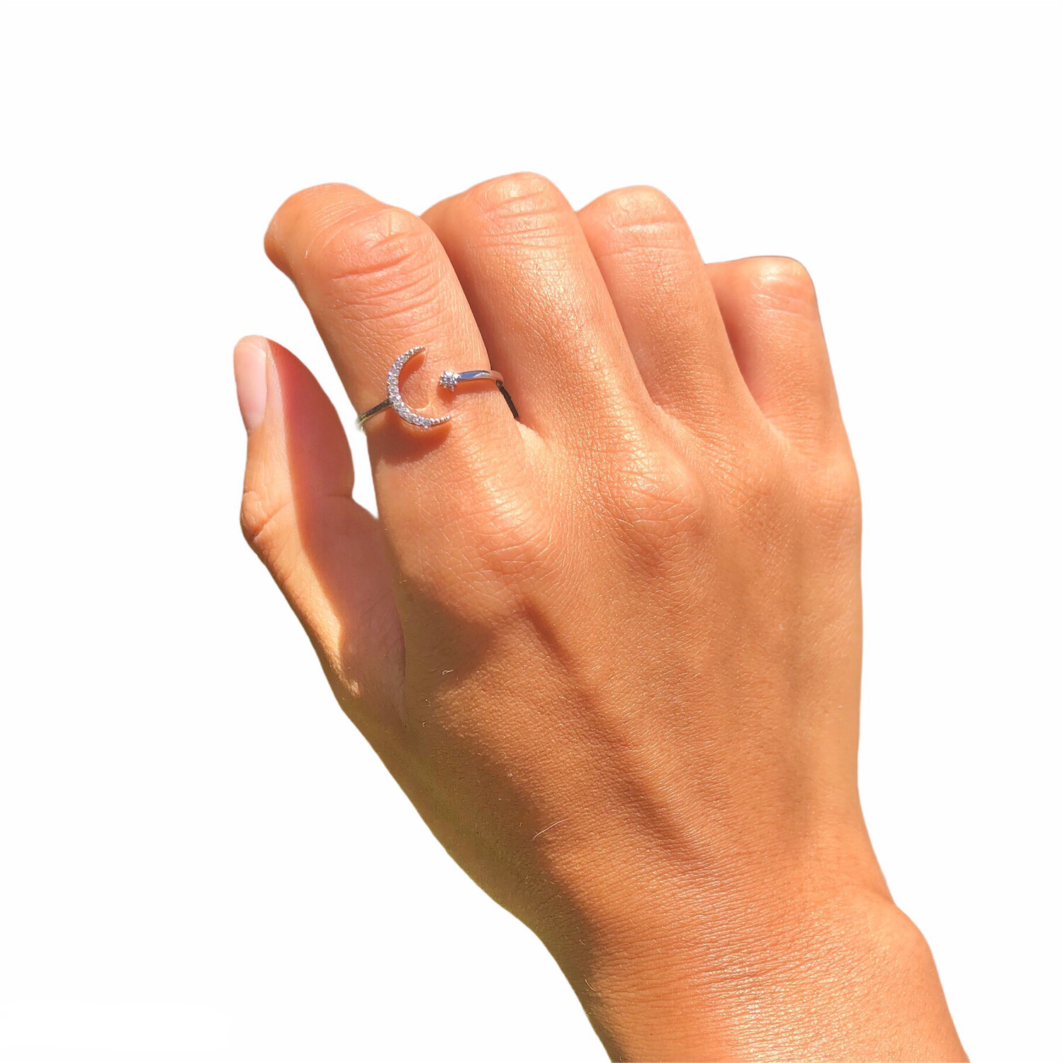 Mahina Moon Ring Sterling Silver Adjustable Platinum Plated