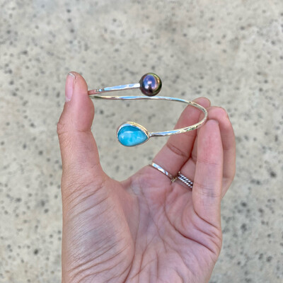 Tahitian Pearl &amp; Larimar Cuff Bracelet Sterling Silver Adjustable