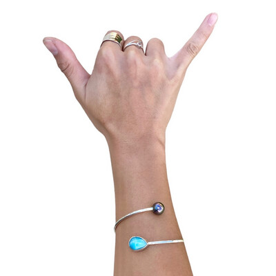 Tahitian Pearl &amp; Larimar Cuff Bracelet Sterling Silver Adjustable