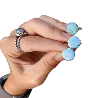 Larimar Gemstone Ring Bezel Set Sterling Silver
