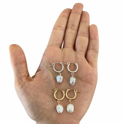 Hoop Huggie Earrings Click Close Freshwater White Keshi Pearls Dangle Sterling Silver or 14K Yellow Gold Filled