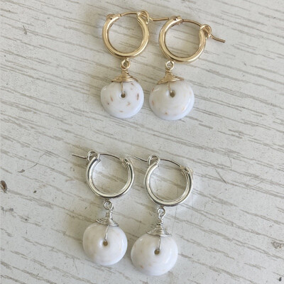 Hoop Huggie Earrings Click Close Puka Shells Hawaii Kauai Dangle Sterling Silver or 14K Yellow Gold Filled