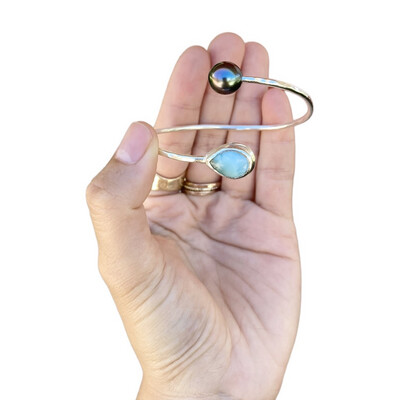 Tahitian Pearl &amp; Larimar Cuff Bracelet Sterling Silver Adjustable
