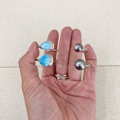 Tahitian Pearl &amp; Larimar Cuff Bracelet Sterling Silver Adjustable