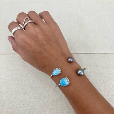 Tahitian Pearl &amp; Larimar Cuff Bracelet Sterling Silver Adjustable