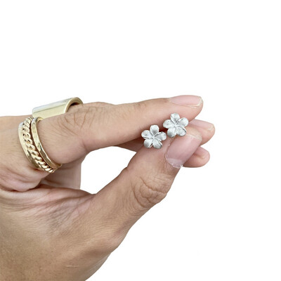 14K White Gold Plumeria Earrings Studs Hawaii Flower Hawaiian Hawaii