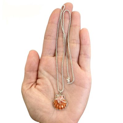 Rare Sunrise Shell Necklace Sterling Silver Bezel Set Fire Orange