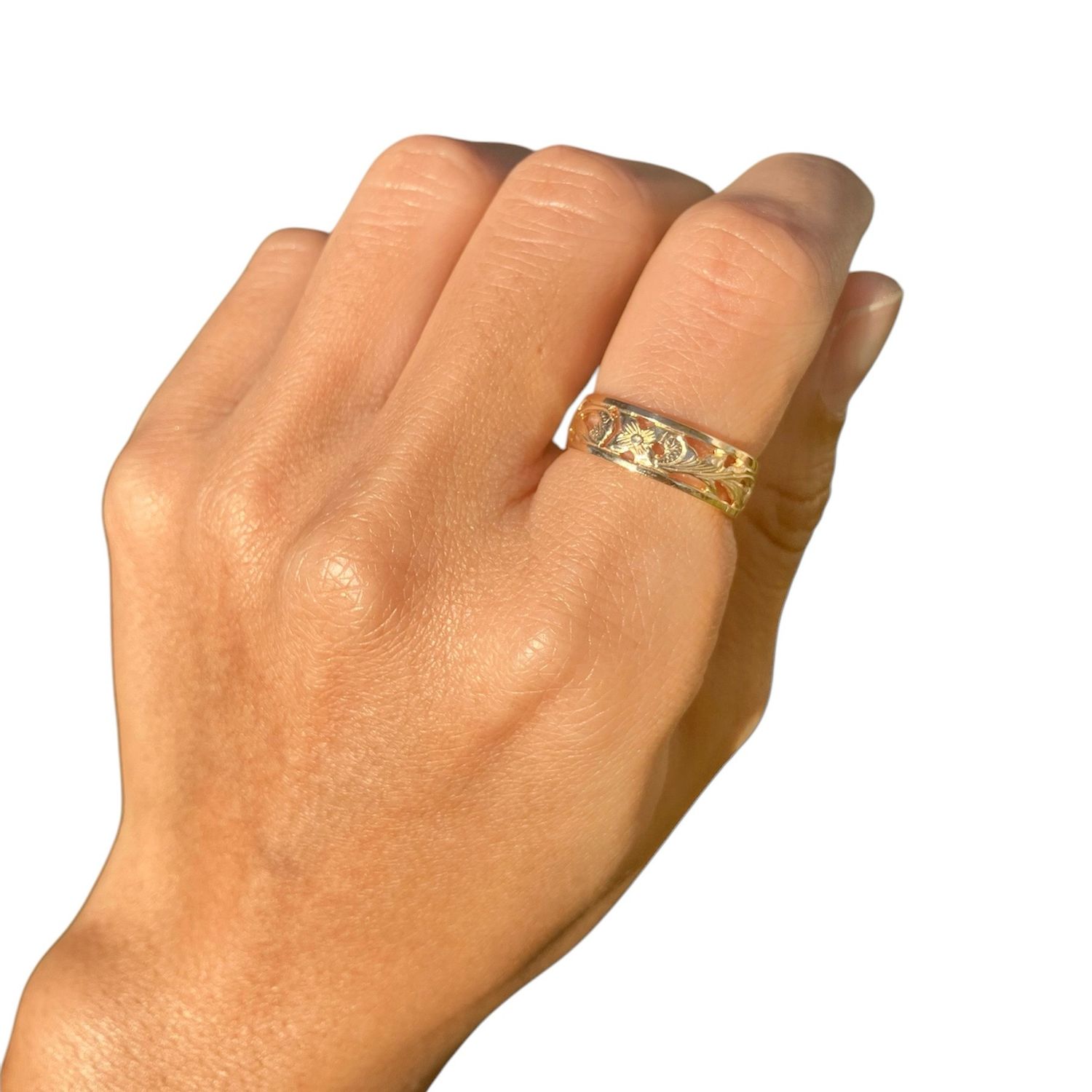Solid 14K Gold Hawaiian heirloom Ring Plumeria Maile Lei Cut-out