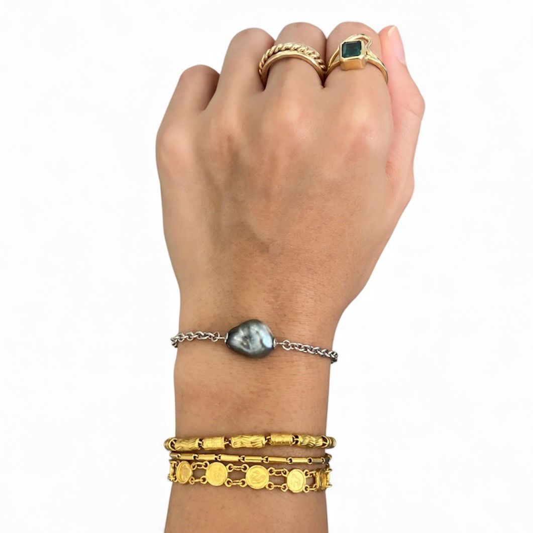 Large Tahitian Keshi Pearl Bracelet Sterling Silver Adjustable 6.75”-7.9”