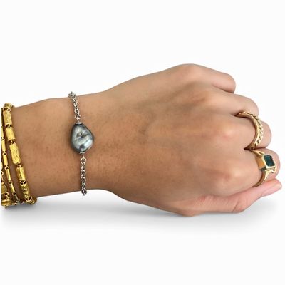 Large Tahitian Keshi Pearl Bracelet Sterling Silver Adjustable 6.75”-7.9”