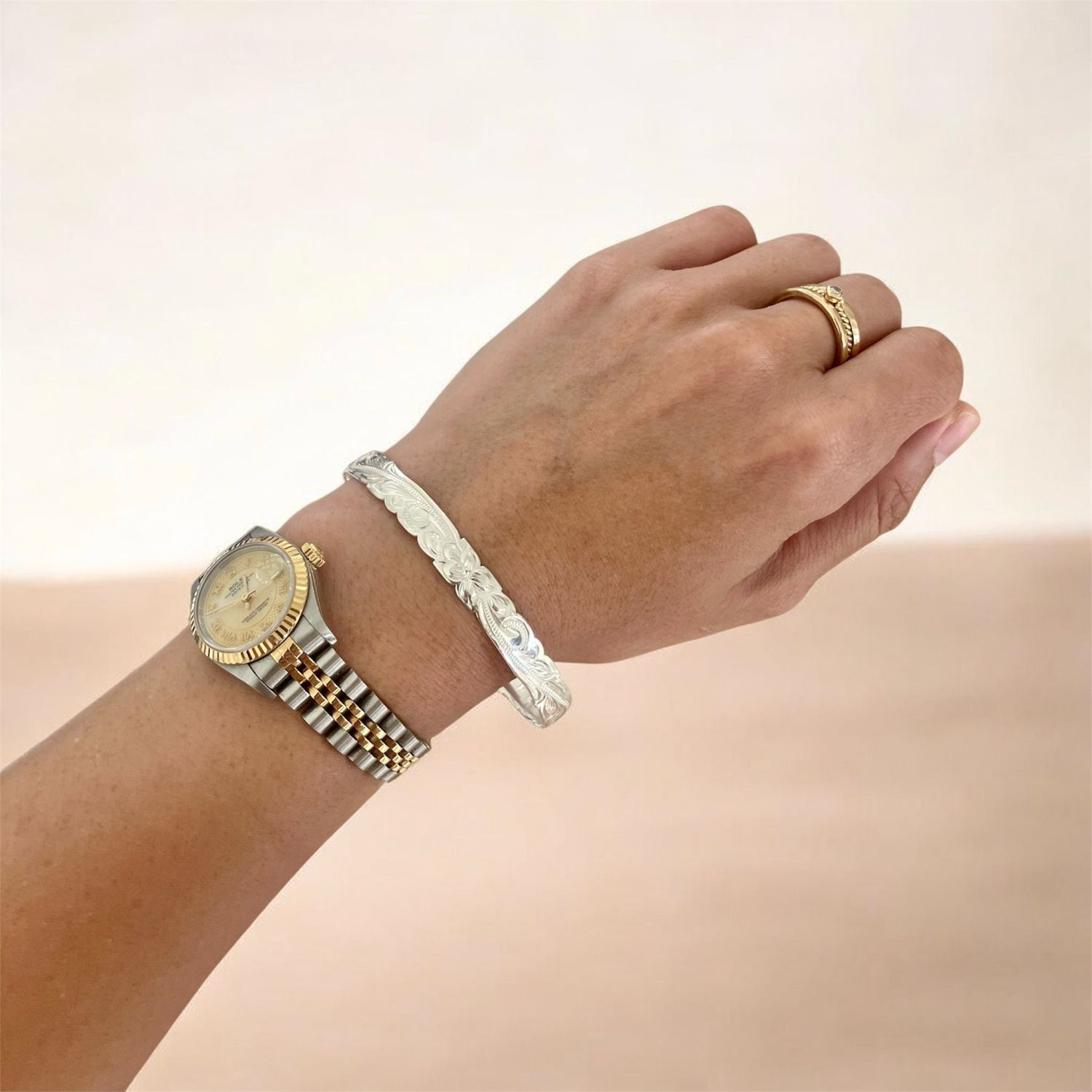 Hawaiian Heirloom Bangle Bracelet Plumeria Maile 8mm Sterling Silver Keiki Children Baby Bangle