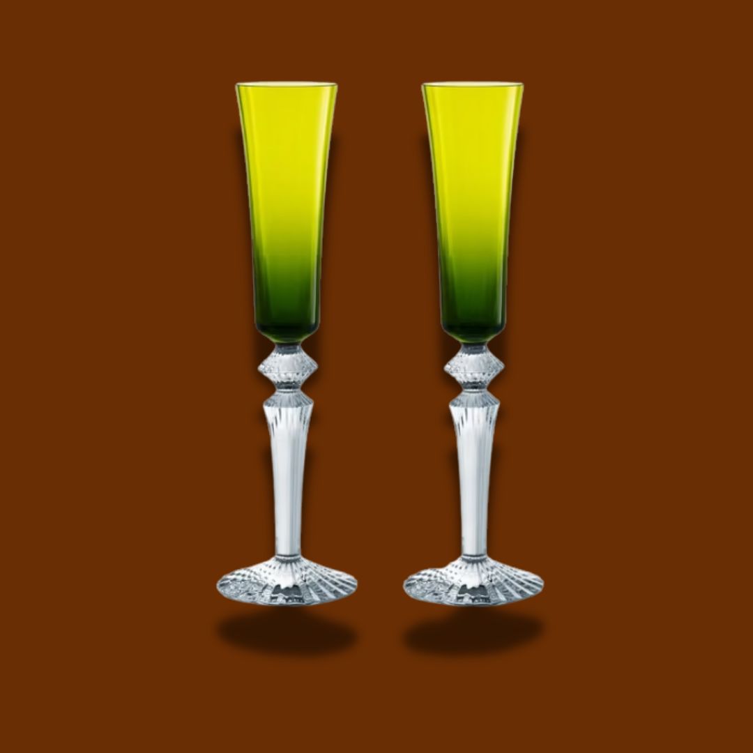 BACCARAT MILLE NUITS FLUTISSIMO FLUTES MOSS GREEN SET OF 2