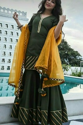 Bottle Green Sharara dress with Mustard yellow dupatta