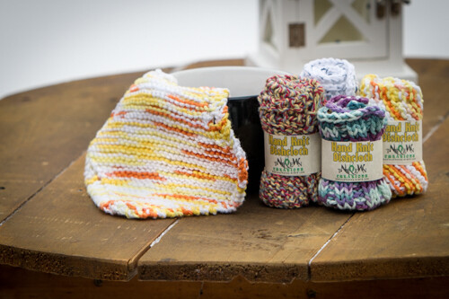 Hand Knit Cotton Dishcloth, Colour: OrangeYellowWhite