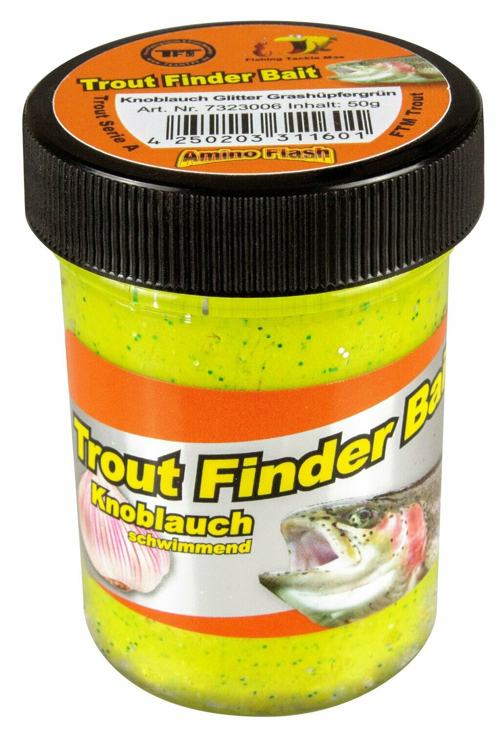 Forellenteig Knoblauch Grashüpfergrün Glitter
