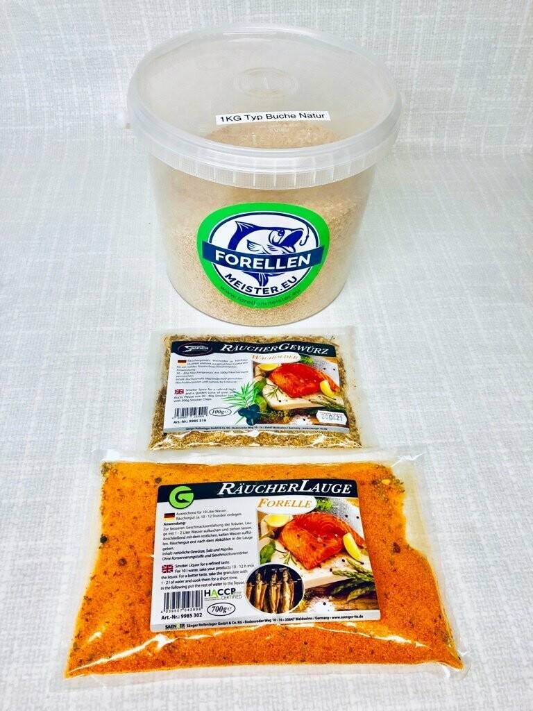 Räucherset Forellenmeister Spezial (Räuchermehl / Räucherlauge / Räuchermehlgewürz)