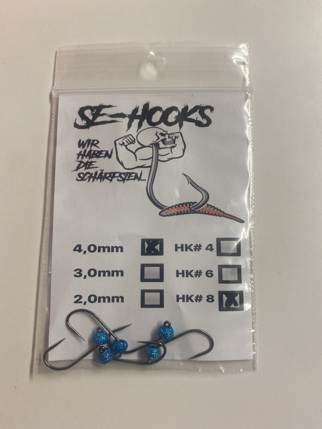 SE-HOOKS Tungstenhaken geklebt / Glitter Blue 4mm #8 (ohne Widerhaken)
