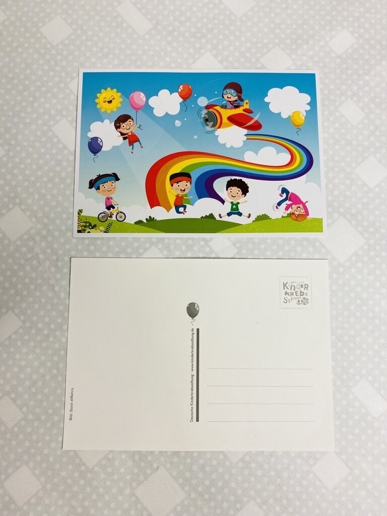 Postkarte mit Sticker "Fröhliche Kinder" / Deutsche  Kinderkrebsstiftung