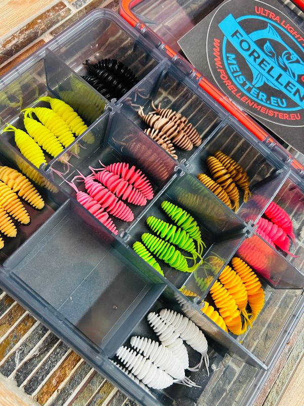 Libra Lures Set in Box mit Gummidichtung  (40 Stück Libra Lures  Turbo Worm / Käse)