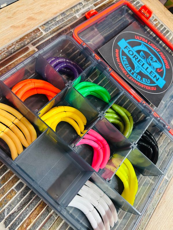 Libra Lures Set in Box mit Gummidichtung  (50 Stück Libra Lures Fatty D Worm / Käse)