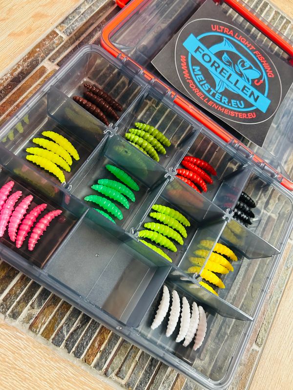 Libra Lures Set in Box mit Gummidichtung  (50 Stück Libra Lures Larva 30mm / Käse)