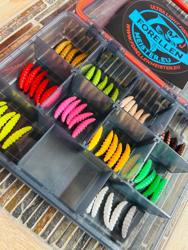 Libra Lures Set in Box mit Gummidichtung (50 Stück Libra Lures Larva 30mm / Käse) Libra Lures Set in Box mit Gummidichtung (50 Stück Libra Lures Larva 30mm / Käse)