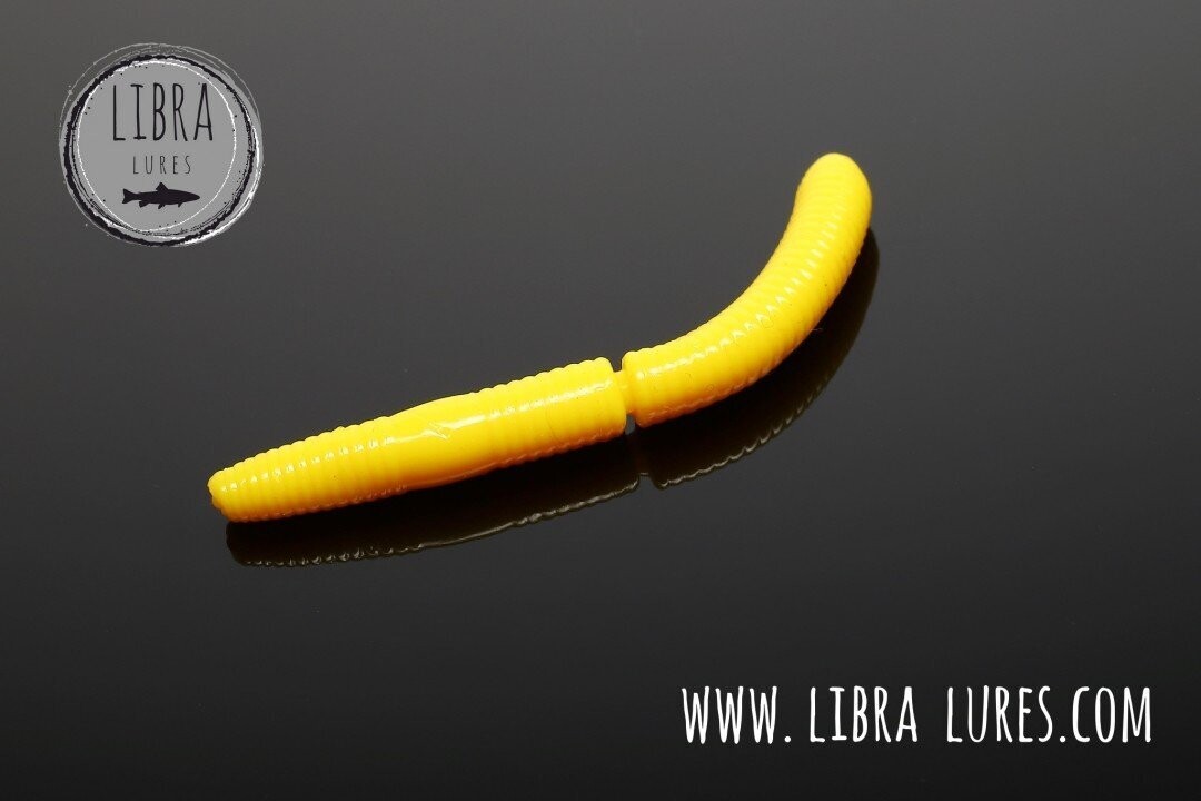 10 Stück Libra Lures Fatty D Worm 007 Yellow in 65mm (Cheese) Libra Lures Fatty D'Worm 65mm Gummiköder für Forellen, auftreibend & gerippt, ideal für Forellenteich und Bach