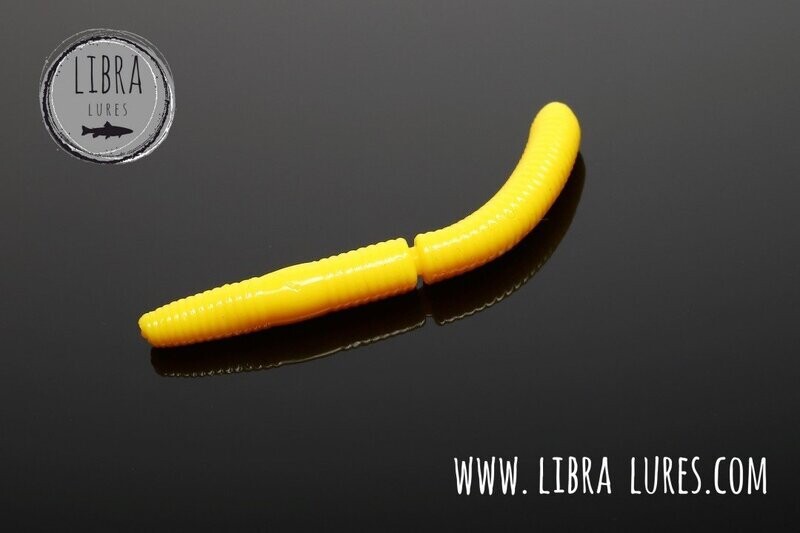 10 Stück Libra Lures Fatty D Worm 007 Yellow in 65mm (Cheese) Libra Lures Fatty D'Worm 65mm Gummiköder für Forellen, auftreibend & gerippt, ideal für Forellenteich und Bach
