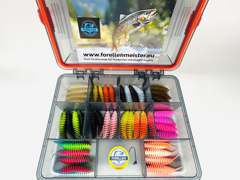 Troutmaster Master Worm 65mm Knoblauch Sortimentbox 40 Köder mit Tungstenhaken & Box