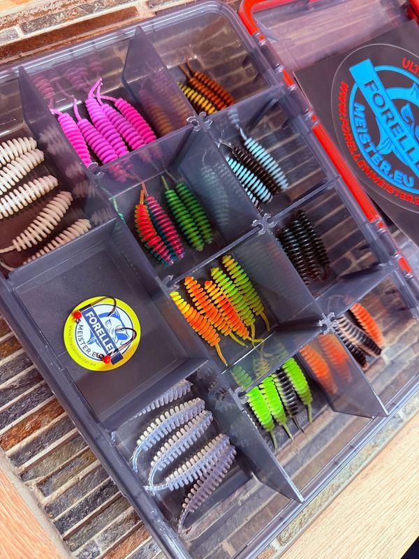 Troutmaster Master Worm 45mm Knoblauch Sortimentbox 40 Köder mit Tungstenhaken & Box Troutmaster Master Worm 45mm Knoblauch Sortimentbox 40 Köder mit Tungstenhaken & Box