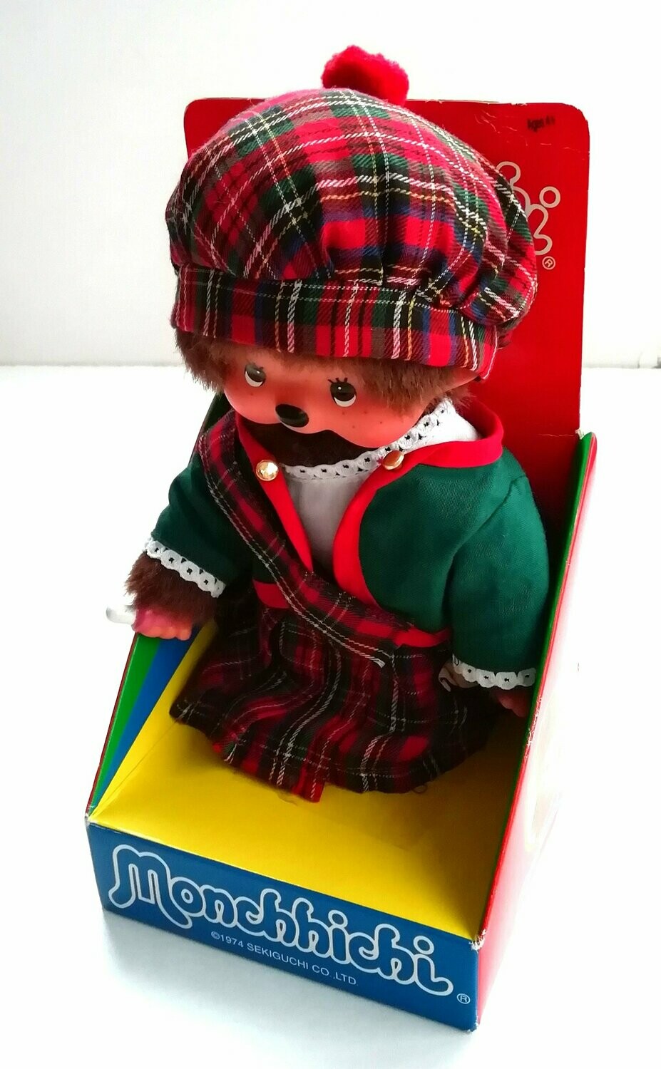 Vintage ©1974 Monchhichi Monkeys / Chic-a-boo ~ 7" SCOTTISH MONKEY ~ Boxed