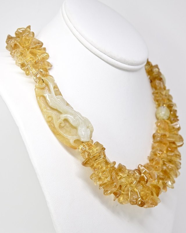 Carved Golden Jade Dragon and Bat, Citrine Nugget Necklace