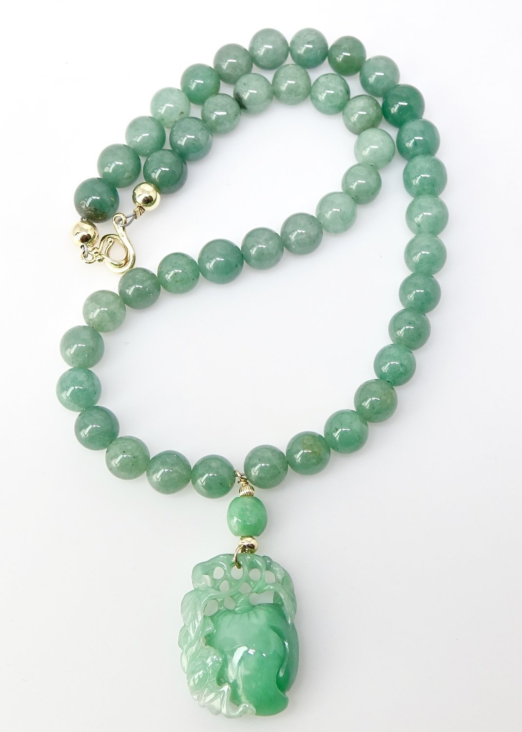 Carved Green Jade Bat and Peach, Jade Necklace