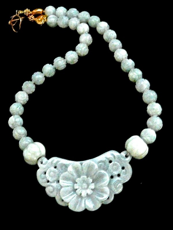 Blue Jade Flower, Carved Jade Necklace