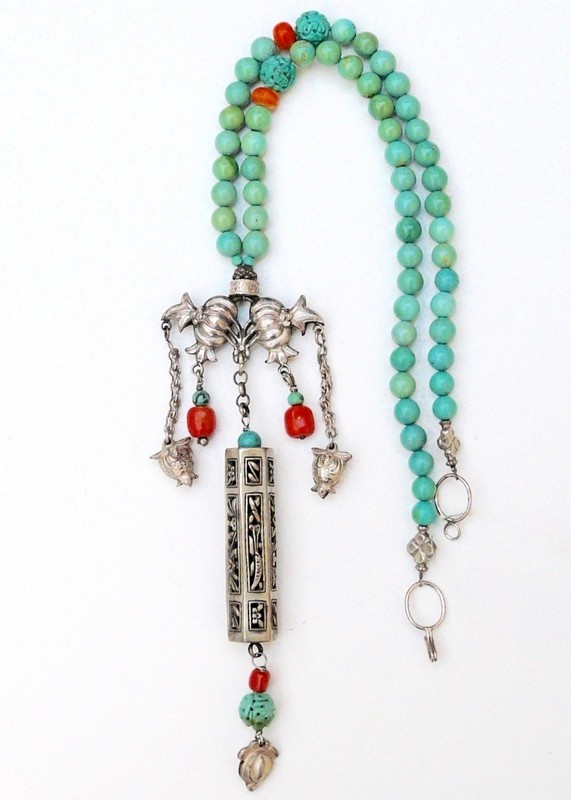 Antique Chinese Silver Needle Case, Natural Chinese Turquoise, Vintage Tibetan Coral Necklace
