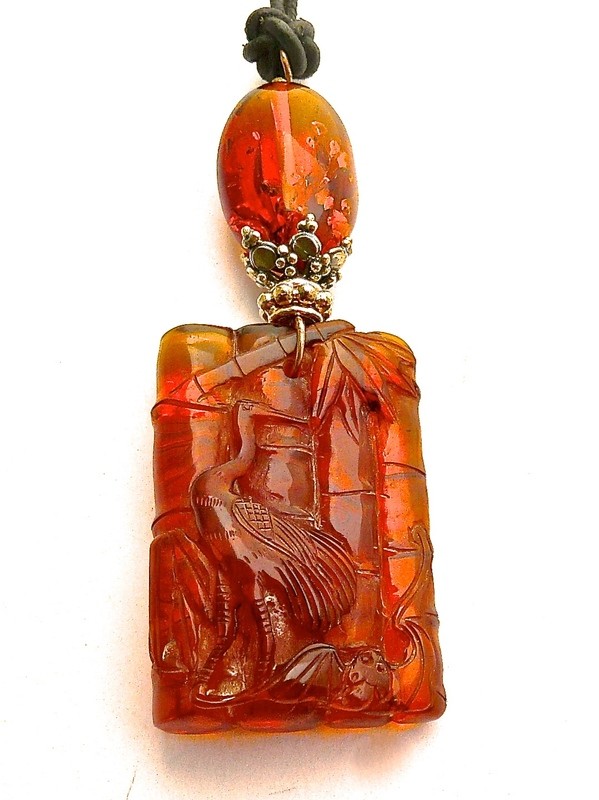 Balitc Amber Stork, Bat and Bamboo, Amber Pendant Necklace