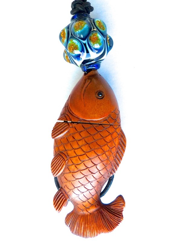 Carved Boxwood Fish Inro, Boylon Handblown Glass Pendant Necklace