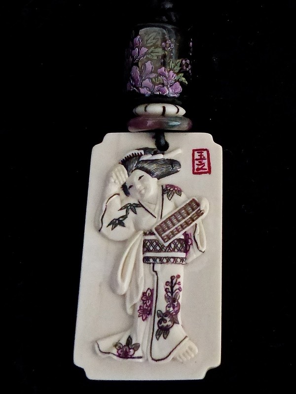 Carved Bone Asian Lady, Ceramic Bead Pendant Necklace