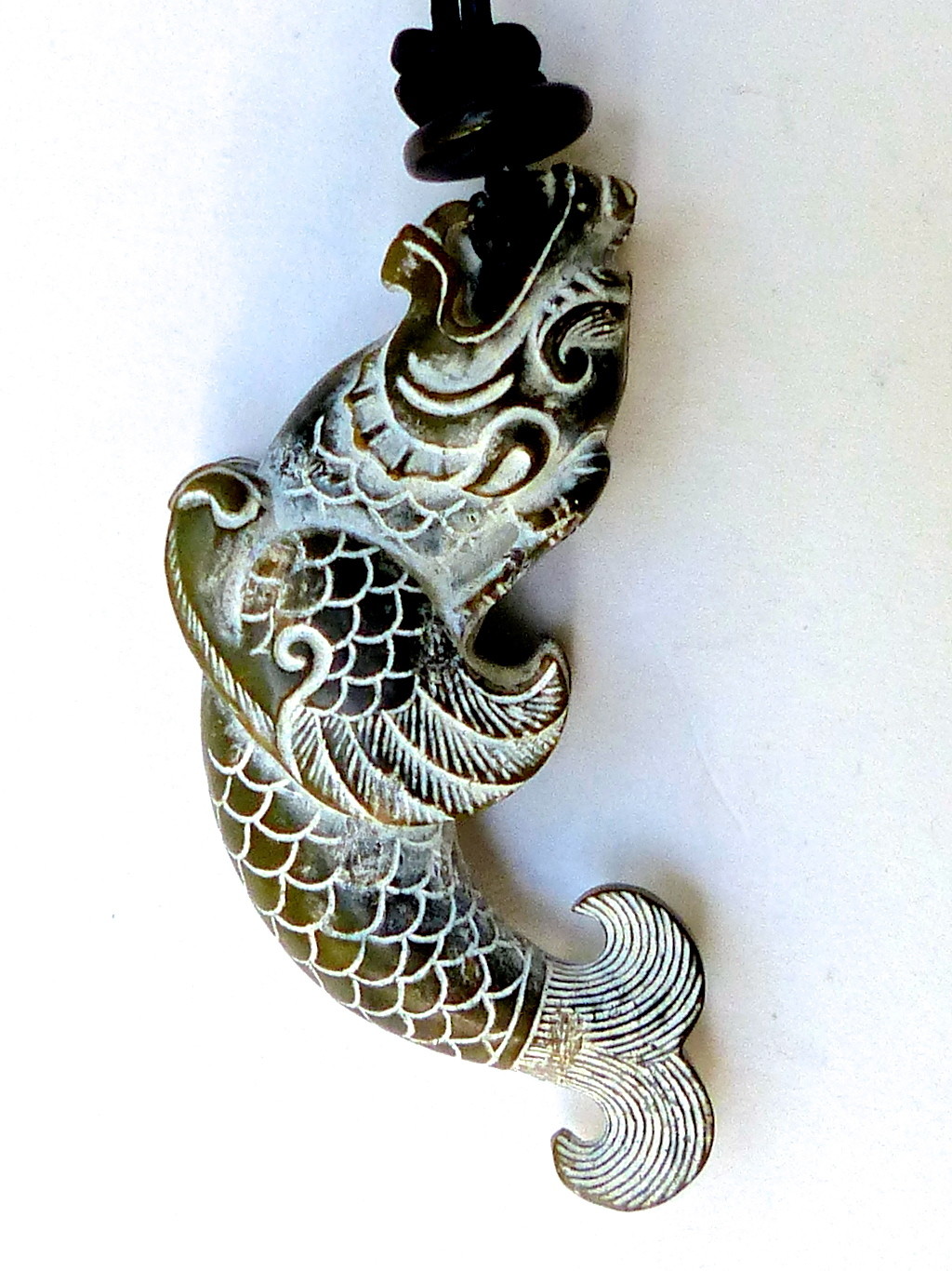 Old Black Jade Dragon Fish Pendant Necklace