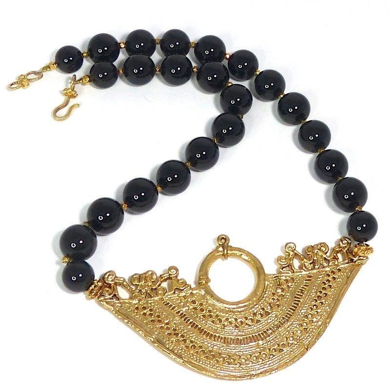 18k Gold Vermeil Peruvian Inca Reproduction Pendant with Onyx Necklace.