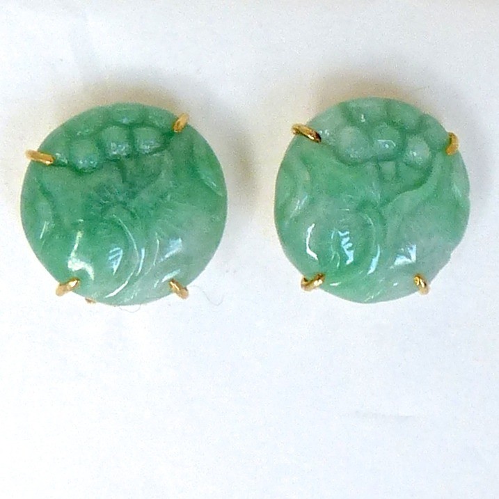 Carved Green Jade Lotus Button Earrings