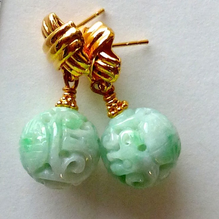 Carved Green Jade Drop Earrings