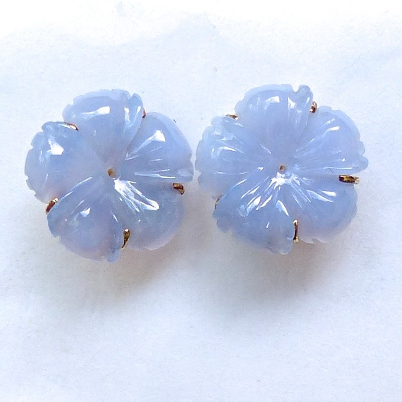 Blue Charcedony Flower French Clip Button Earrings