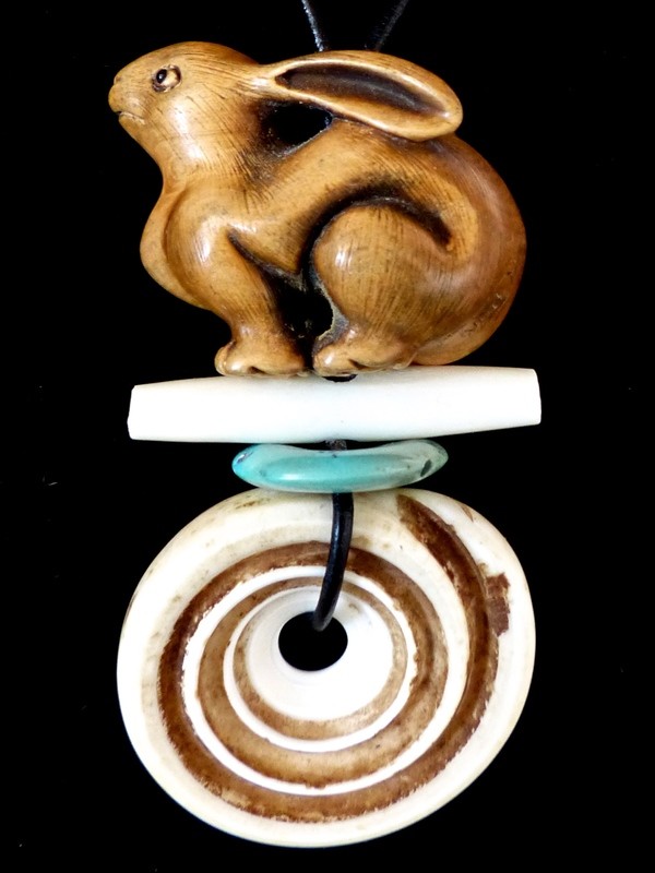 Carved Boxwood Rabbit, Indonesian Conus Shell Pendant Necklace