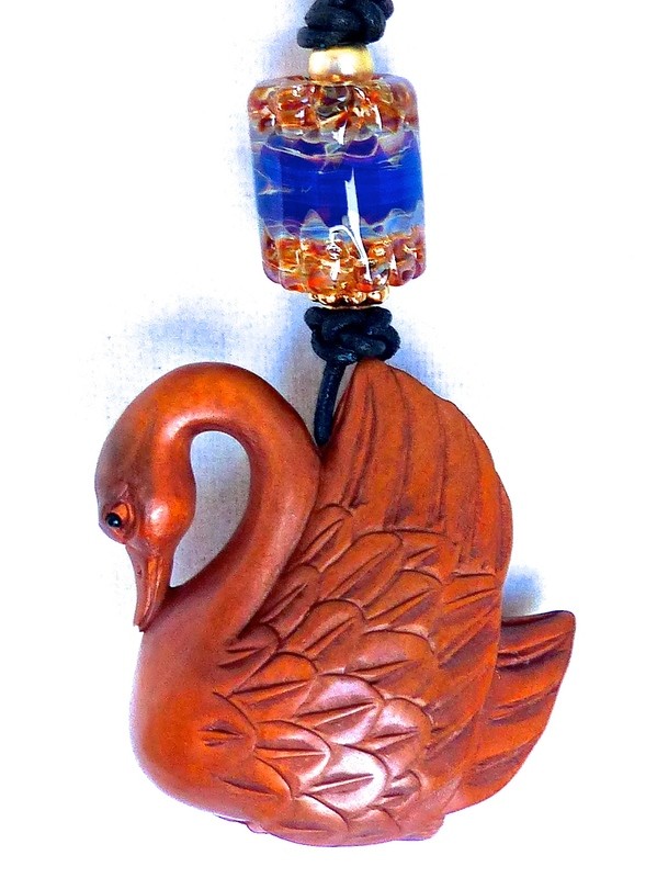 Boxwood Swan, Kreitter Lampwork Glass Pendant Necklace