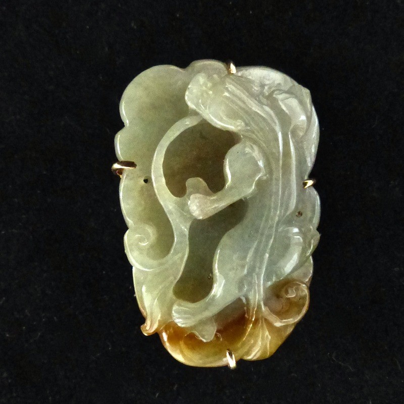 Carved Bicolor Green Jade Dragon, Pin and Pendant