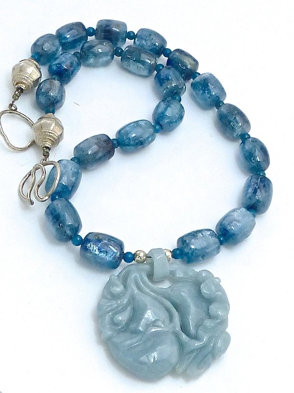 Blue Jade Dragon, Bat &amp; Gourd, Kyanite Necklace