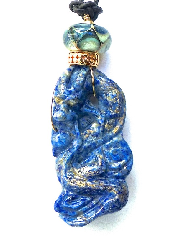 Carved Lapis Dragon, Kreitter Lampwork Glass Cord Necklace